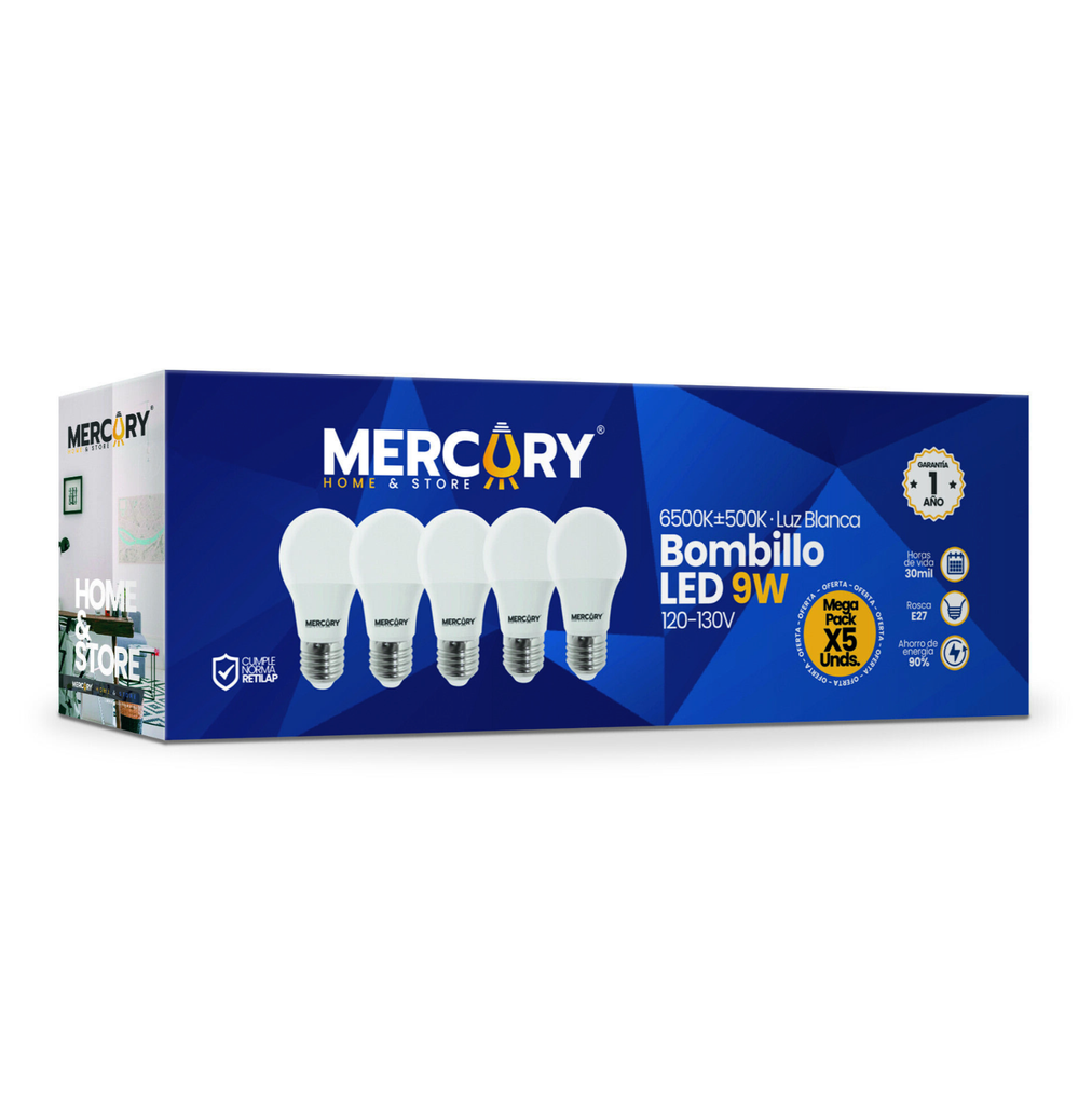 PROMO KIT X5 BOMBILLOS LED 9W MERCURY (IBL90)