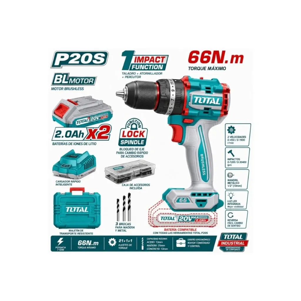 [3284] TALADRO IMPACTO INALAMBRICO 20V 1/2" 2 BATERÍAS Y CARGADOR TOTAL (UTIDLI20668)
