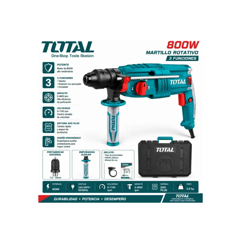 TALADRO ROTOMARTILLO 1" SDS PLUS 800W (MANDRIL AJUSTABLE, 3 BROCAS, 2 CINCELES) (UTH308268-2)