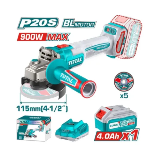 [3463] PULIDORA INALAMBRICA 4 1/2  INDUSTRIAL 20 V 900W INCLUYE  BATERIA 4.0 AH, CARGADOR Y 5  DISCOS, MOTOR SIN ESCOBILLAS  INDUSTRIAL SUPER TOTAL  (UTAGLI261521)