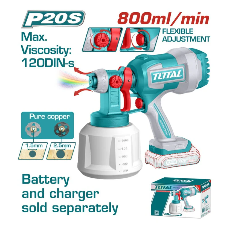 PISTOLA PINTAR INALAMBRICA 800ML 20V INCLUYE AGUJA DE LIMPIEZA Y DOS BOQUILLAS, BATERIA Y CARGADOR NO INCLUIDO TOTAL (TSGLI2004)