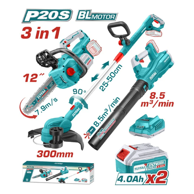 COMBO INALAMBRICO 20V  MOTOSIERRA INALAMBRICA 12" +  GUADAÑADORA + SOPLADORA + 2  BATERIAS 4.0 AH Y CARGADOR  INDUSTRIAL SUPER TOTAL  (UTOSLI241189)