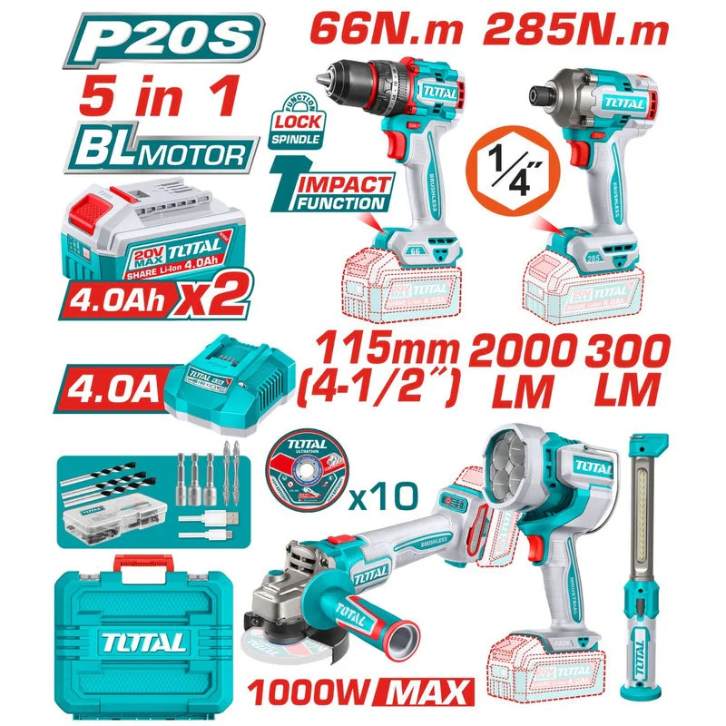 COMBO INALAMBRICO 20V  TALADRO  PERCUTOR 1/2 66 NM +  PISTOLA IMPACTO 1/4 285 NM +  PULIDORA  4 1/2 1000W +  LAMPARA DE TRABAJO  2000 LM +  LAMPARA DE TRABAJO 300 LM   INCLUYE 2 BATERIAS 4.0AH ,  CARGADOR Y ACCESORRIOS  INDUSTRIAL SUPER TOTAL  (UTOSLI250692)