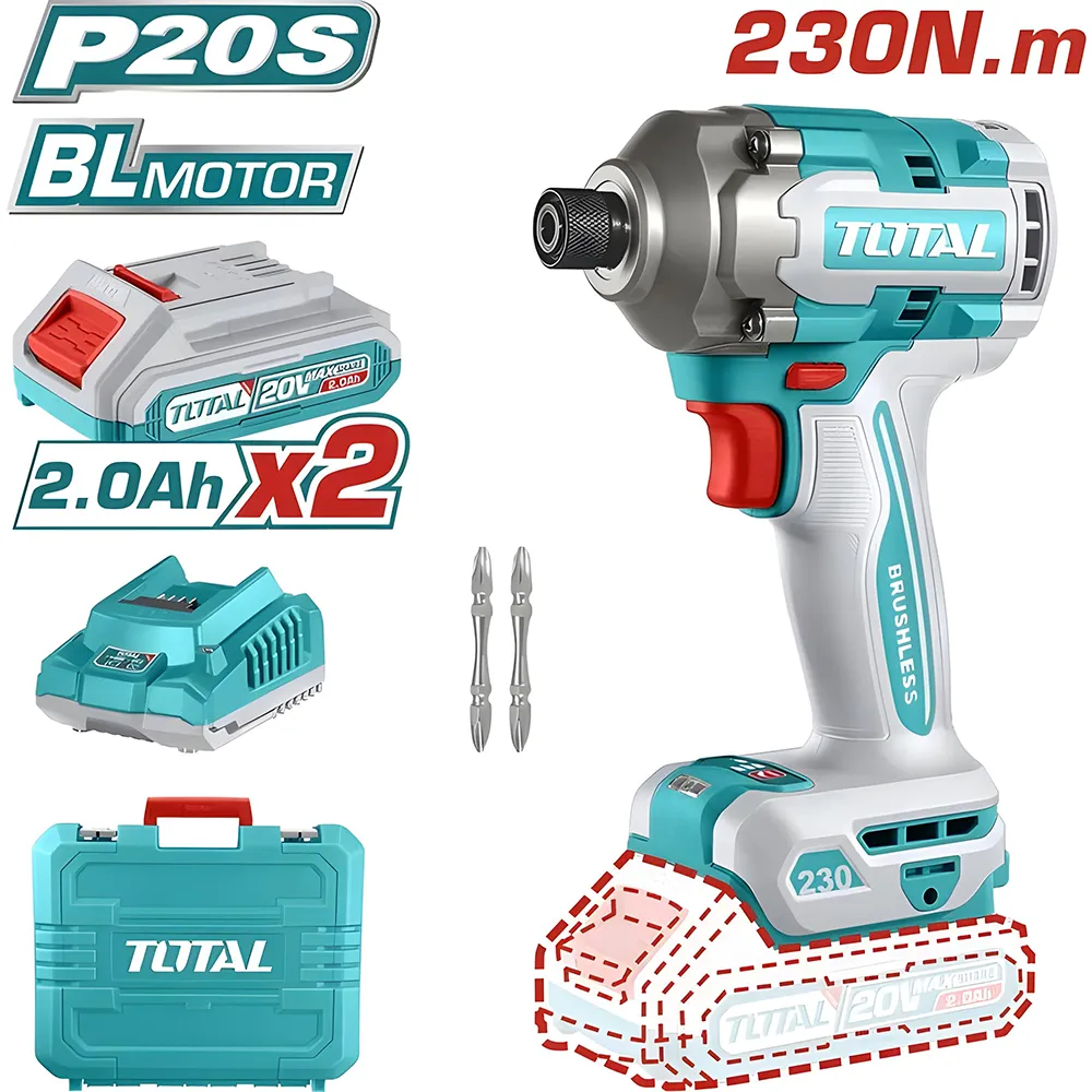[3800] ATORNILLADOR DE IMPACTO INALAMBRICO 1/4 20V 230NM INCLUYE 2 BATERIAS, 2 PUNTA TALADRO INDUSTRIAL SUPER TOTAL (UTIRLI2023)