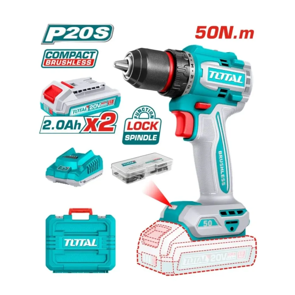 TALADRO INALAMBRICO 1/2" 50 NM 20V CAJA PLASTICA INCLUYE 2 BATERIA 2.0AH, 1 CARGADOR Y ACCESORIOS INDUSTRIAL SUPER TOTAL(UTDLI205062)