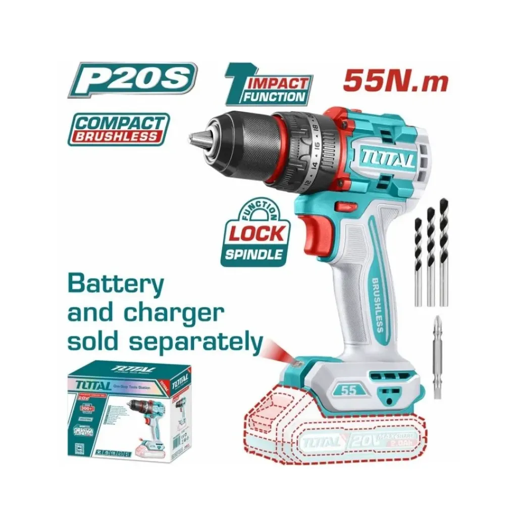 TALADRO INALAMBRICO PERCUTOR 1/2" 20V55 NM CARGADOR Y BATERIA NO INCLUIDO SUPER TOTAL (TIDLI205581)