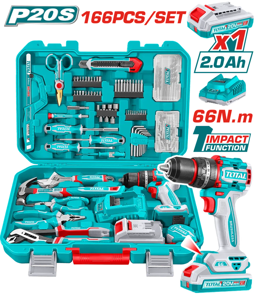 TALADRO INALAMBRICO 1/2 20V 66NM + BATERIA 20V + KIT DE HERRAMIENTAS 166 PZS TOTAL (UTHKTHP41667)