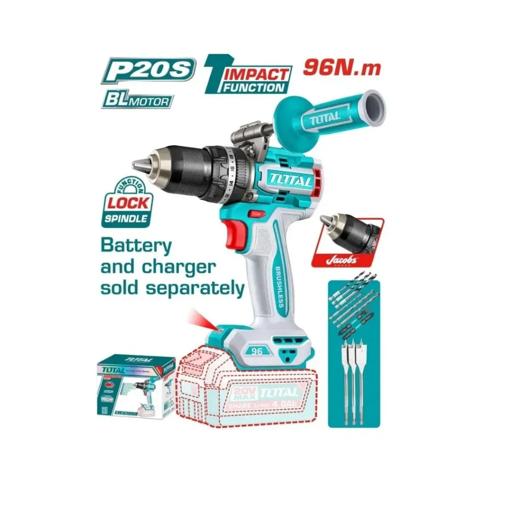 TALADRO DE IMPACTO INALAMBRICO 1/2 96NM 20V INCLUYE MANGO AUXILIAR Y 11 ACCESORIOS, BATERIA CARGADOR SE VENDE POR SEPARADO, INDUSTRIAL SUPER TOTAL (TIDLI209685)