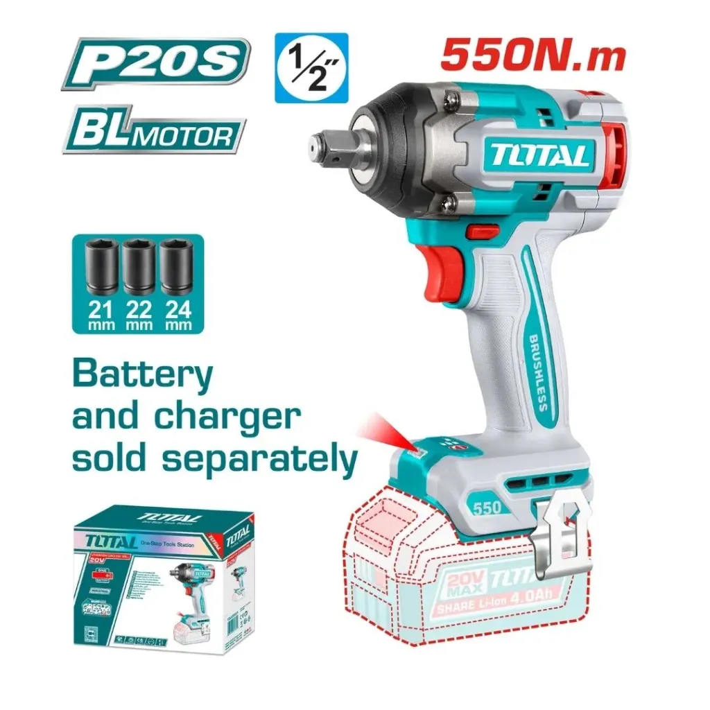 [3974] PISTOLA IMPACTO INALAMBRICA 1/2 20V 550 NM BATERIA Y CARGADOR SE VENDEN POR SEPARADO SUPER TOTAL (TIWLI20551)