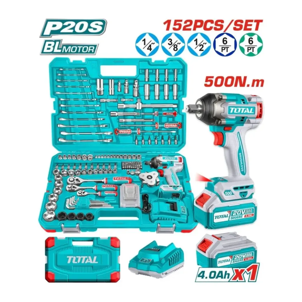 PISTOLA IMPACTO INALAMBRICA 1/2 20V 500 NM INCLUYE 1 BATERIAS 1 CARGADOR + 152 ACCESORIOS INDUSTRIAL SUPER TOTAL (UTHKTHP31522)