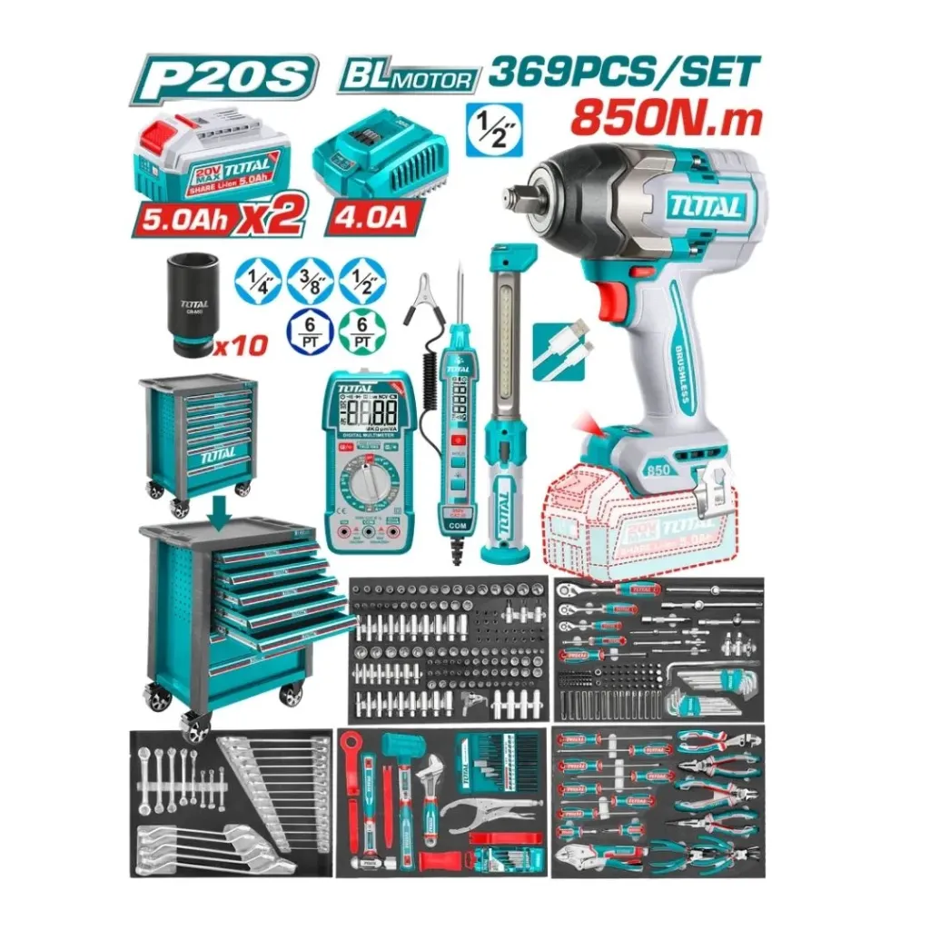 PISTOLA IMPACTO INALAMBRICA 1/2" 850 NM + 2 BATERIAS 5.0AH + CARGADOR + CAJA DE HERRAMIENTAS CON 365 ACCESORIOS INDUSTRIAL SUPER TOTAL (UTHPTCS83692)