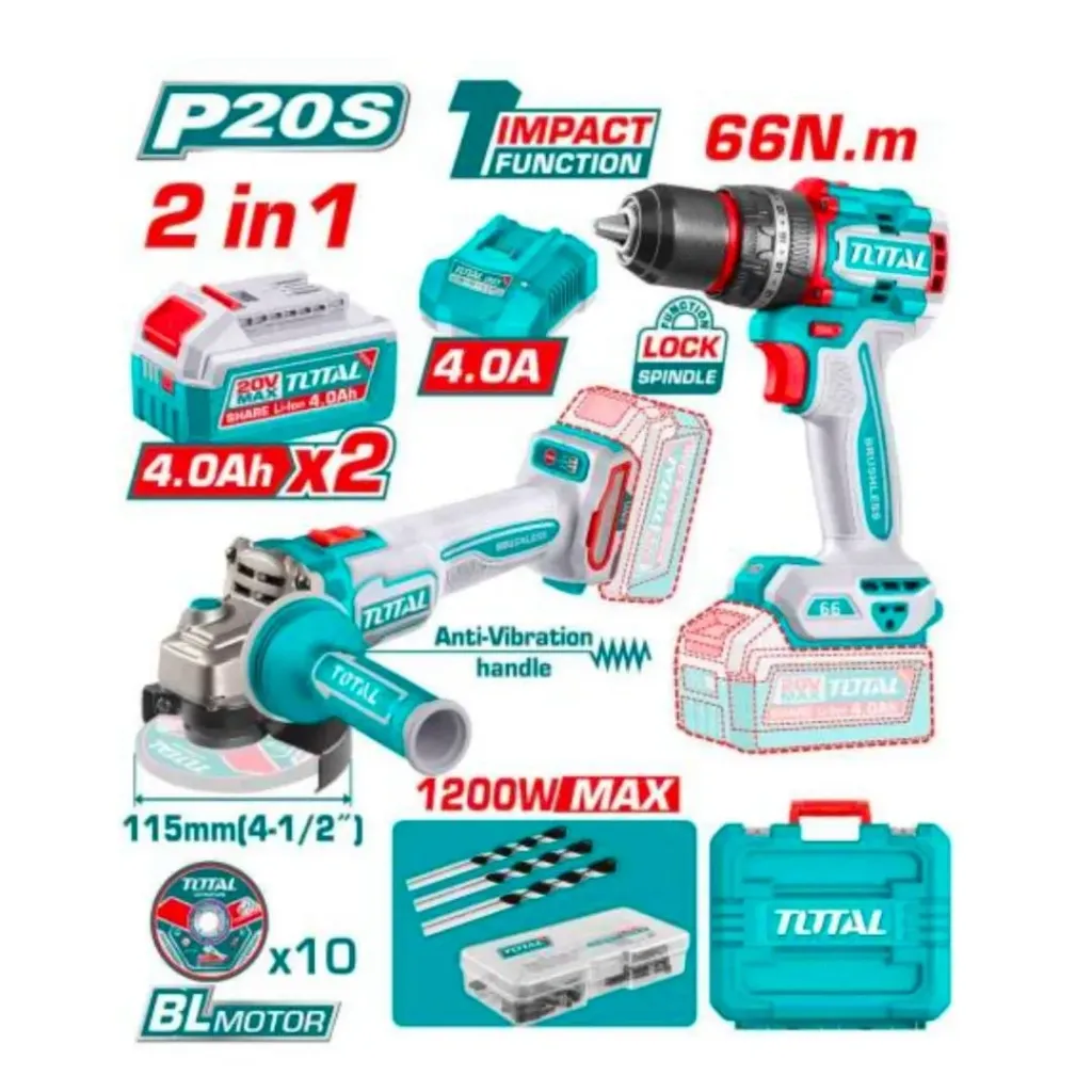 COMBO INALAMBRICO TALADRO 1/2" 66 N.M + PISTOLA IMPACTO 1/2" 20V 405 N.M INCLUYE 2 BATERIAS 2.0AH , 1 CARGADOR Y ACCESORIOS SUPER TOTAL (UTCKLI20286)
