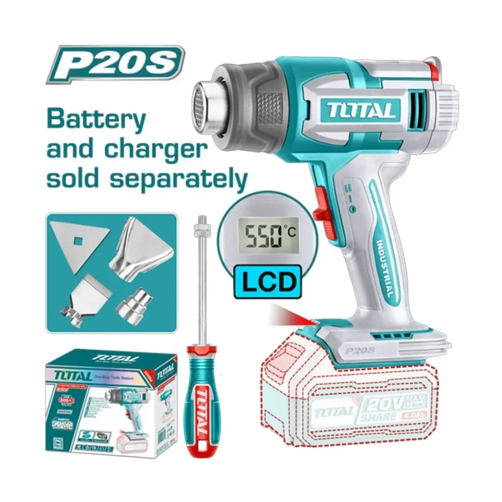 PISTOLA CALOR INALAMBRICA 20V CON TEMPERATURA AJUSTABLE PANTALLA LCD INCLUYE 4 BOQUILLAS 1 RASCADOR, BATERIA Y CARGADOR NO INCLUIDO INDUSTRIAL SUPER TOTAL (TBLI2003)