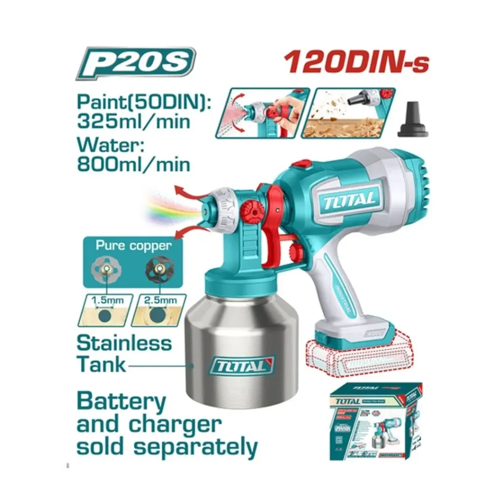 PISTOLA PINTAR INALAMBRICA 800ML 20V VASO METALICO INCLUYE AGUJA DE LIMPIEZA Y DOS BOQUILLAS, BATERIA Y CARGADOR NO INCLUIDO SUPER TOTAL (TSGLI20041)