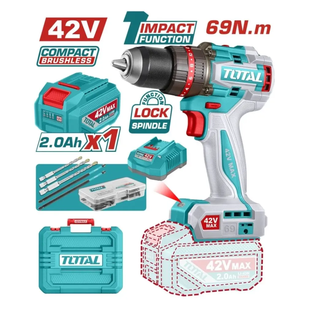 TALADRO INALAMBRICO PERCUTOR 1/2" 69NM 42V CAJA PLASTICA INCLUYE 1 BATERIA 42V, 1 CARGADOR Y ACCESORIOS INDUSTRIAL SUPER TOTAL (UTIDLI426981)