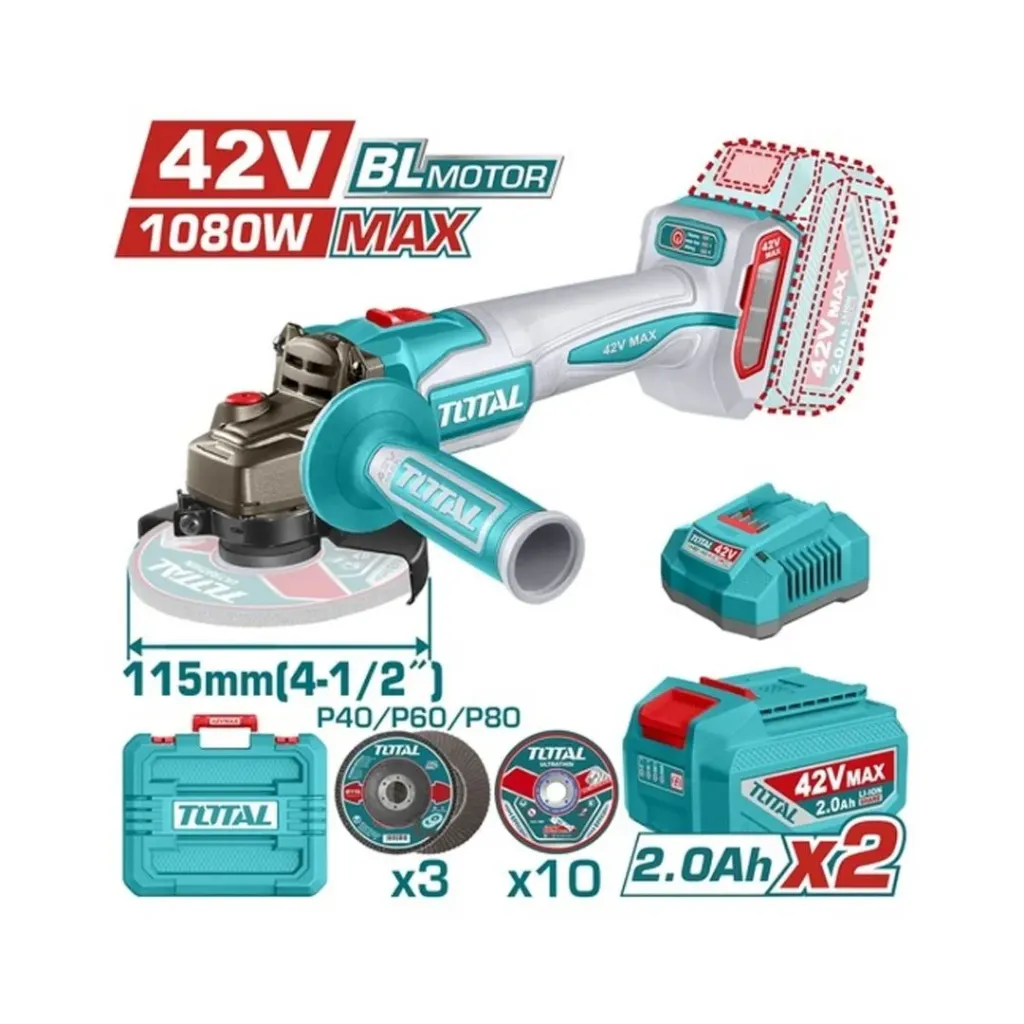 PULIDORA INALAMBRICA 4 1/2 INDUSTRIAL 42V 1080W INCLUYE DISCOS 2 BATERIAS 2.0 AH Y CARGADOR , MOTOR SIN ESCOBILLAS INDUSTRIAL SUPER TOTAL (UTAGLI4108112)