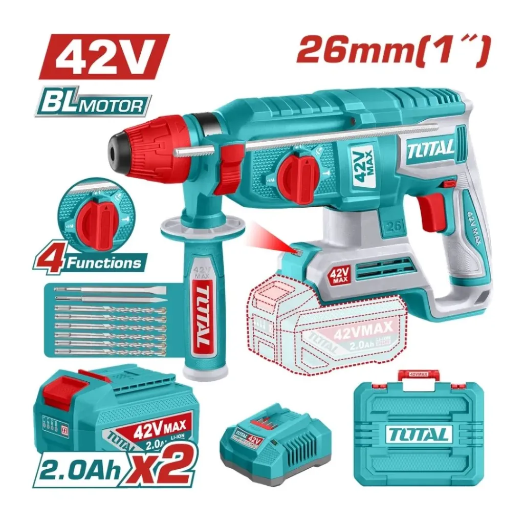 TALADRO ROTOMARTILLO SDS PLUS 42V 2.5 JULES INCLYE 2 BATERIAS 2.0 AH, 1 CARGADOR Y ACCESORIOS INDUSTRIAL SUPER TOTAL (UTRHLI422682)