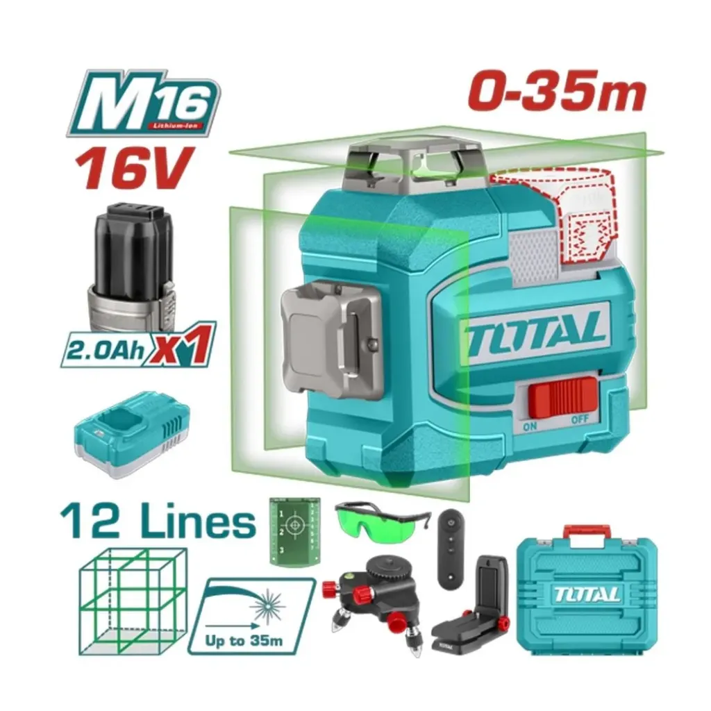 NIVEL LASER 0-35M LUZ VERDE 3D 12 LINEAS 16V INDUSTRIAL SUPER TOTAL (UTLL301201)