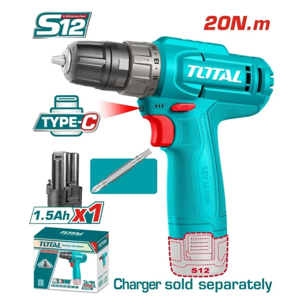 TALADRO INALAMBRICO 1/32/3/8" 12V 20NM INCLUYE 1 BATERIA 1.5AH, 1 PUNTA DESTORNILLADOR CARGA TIPO C SUPER TOTAL(TDLI12456)