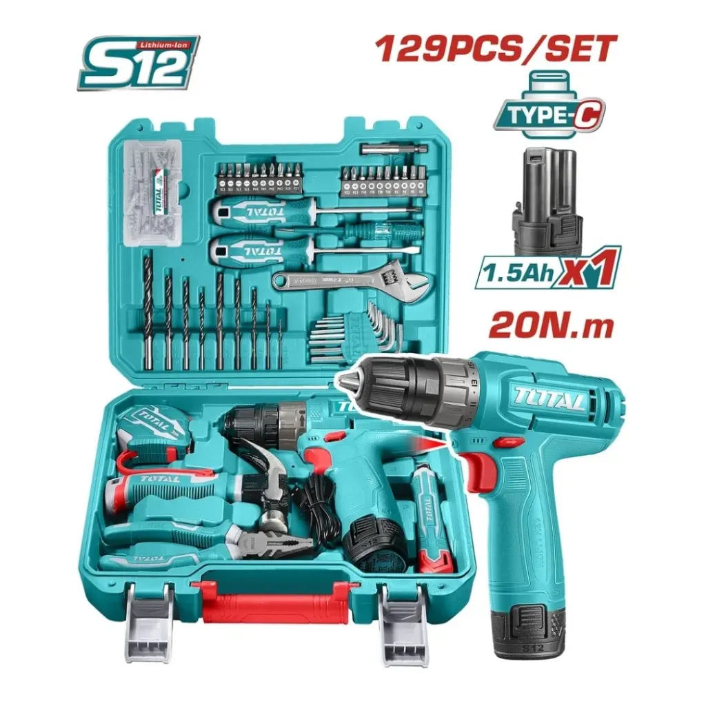 TALADRO INALAMBRICO 3/8 12V 20NM + BATERIA 1.5AH + KIT DE HERRAMIENTAS 128 PZS SUPER TOTAL (THKTHP11292)