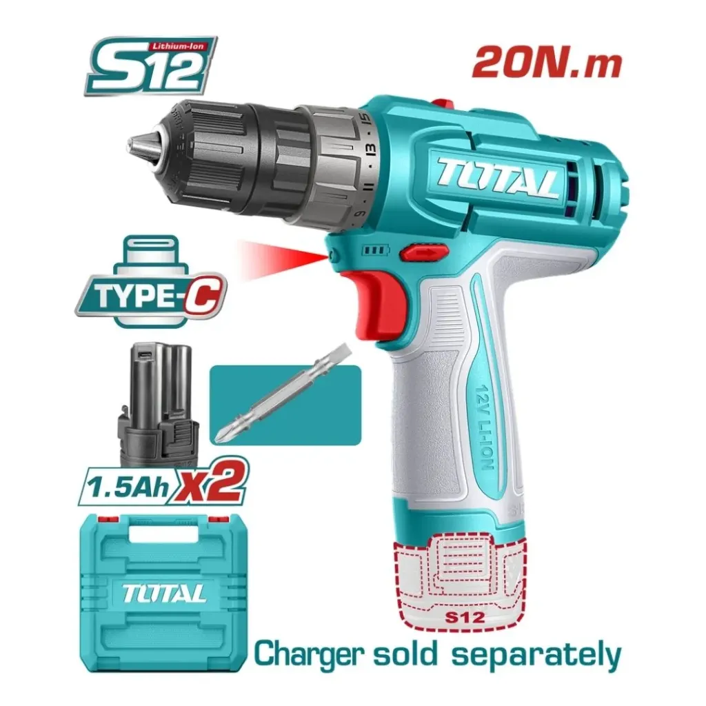 [4012] TALADRO INALAMBRICO 3/8" 12V 20NM INCLUYE 2 BATERIAS 1.5 AH SUPER TOTAL (TDLI12206)