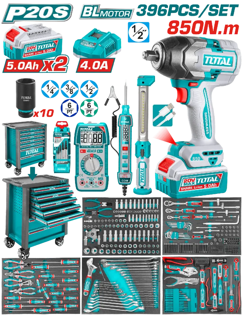 [4248] PISTOLA IMPACTO INALAMBRICA 1/2" 850 NM + 2 BATERIAS 5.0AH + CARGADOR + CAJA DE HERRAMIENTAS CON 369 ACCESORIOS INDUSTRIAL SUPER TOTAL (UTHPTCS83962)