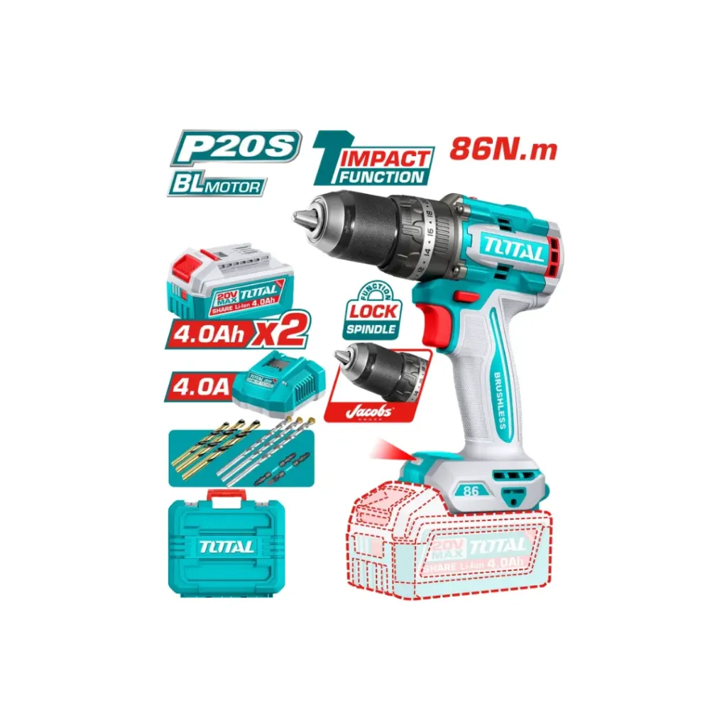 [4315] TALADRO INALAMBRICO PERCUTOR 1/2" 86NM 20V CAJA PLASTICA INCLUYE 2 BATERIA 4.0AH, 1 CARGADOR Y ACCESORIOS INDUSTRIAL SUPER TOTAL (UTIDLI208689)
