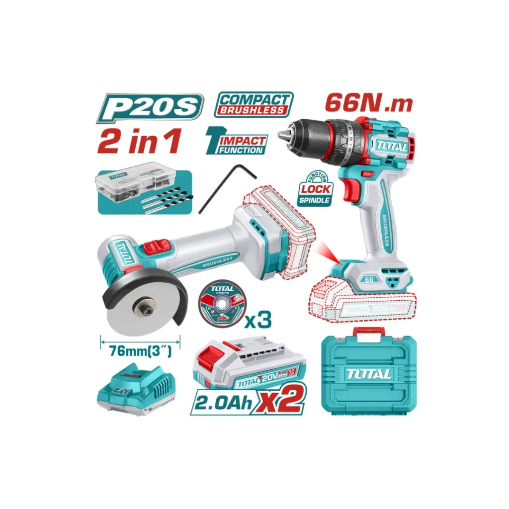 [4316] COMBO INALAMBRICO 20V X 2 PZS TALADRO PERCUTOR 1/2" 66 N.M + MINI PULIDORA 3" INCLUYE 2 BATERIAS 2.0 AH + CARGADOR + 3 DISCOS Y 47 ACCESORIOS INDUSTRIAL SUPER TOTAL (UTCKLI20255)